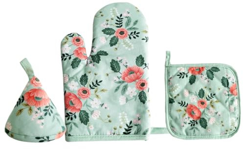 Ciieeo Oven Mitts Insulating Pad Heat Resistant Gloves Green Non-slip Pot Cap for Kitchen