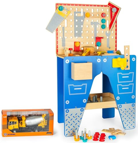 Leomark Jouet Bricolage, Jeu d'imitation, Plan de Travail avec kit d'outils, Le Fun intellectuel, (Établi+Camion Toupie)