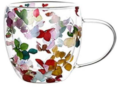 Dried Flowers Double Wall Glass Coffee Mugs,Petal Quicksand Cup,Flower Glass Coffee Mug with Handle,Insulated Heat Resistant Flower Glass Coffee Mug,Double Insulated Glass Cup for Hot and Cold Drinks