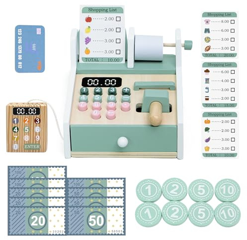 Masonbaby Holzkasse für Kinder, Registrierkasse für Kinder 3-5 Jahre-Zählspielzeug mit Scanner und Kreditkarte, Kleinkindkasse, Lebensmittelgeschäft Kassepielzeug mit Aufklebern und Münzbörse