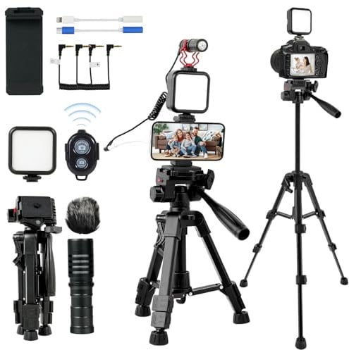 Kalofaye Kit de vlogging pour iPhone, Android, appareil photo, compatible avec YouTube, kit de démarrage avec lumière LED rechargeable + microphone + clip de téléphone portable + trépied en aluminium