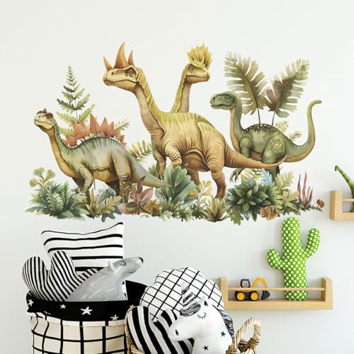 SanKristo Dinosaurier Greenery Wandaufkleber, Dino Sticker Selbstklebende Dinosaurier Tapeten Wandtattoo Fenster Aufkleber Haus, Wohnzimmer Schlafzimmer Küche Wandsticker Wanddeko Deko Kinderzimmer