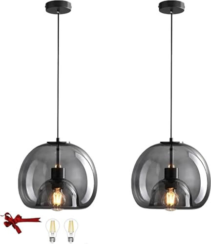 Bravsekai Glass Pendant Kitchen Island Light, 2 Packs Smoke Glass Pendant Lighting fixtures with Extra 2 Bulbs,Adjustable 1.3 Metre Cord, Modern Light for Kitchen Island,Dining Room