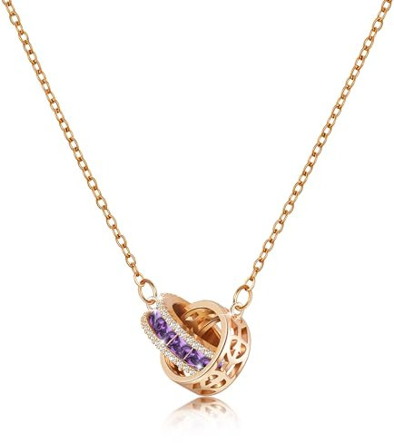 Linawe Amethyst Purple Moissanite Necklace for Women, Rose Gold Hypoallergenic Stainless Steel Chain, Interlocking Double Circle Pendant Necklaces, Imitation Diamond Birthstone Jewellery
