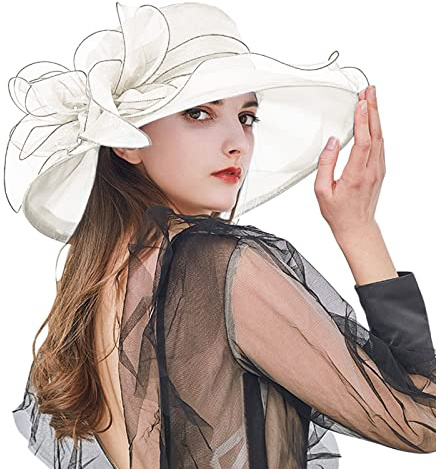 Organza Hut Damen Breite Krempe Sommerhut Strandmütze, elegant Frühling und Sommer, mit großem Rand Sonnenhut für Strand, Hochzeit, Hut