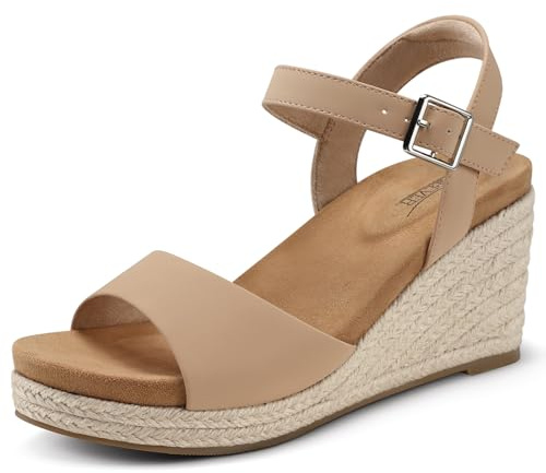 SHIBEVER Women's Wedge Platform Sandals: Espadrille Dressy Comfortable Summer Open Toe Ankle Strap Buckle Women Sandal Nude Size 8
