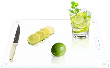 Yuzeyurun Tempered Glass Cutting Board for Kitchen, Clear Cutting Board with Handle, 40CM×30CM Glass Chopping Board with Anti-Slip Feet, Heat Resistant, Shatter Resistant,Dishwasher Safe