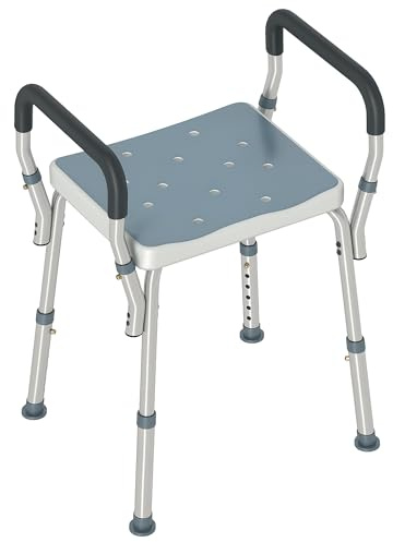 HOMCOM Sgabello Doccia in Alluminio, Sgabello Bagno ad Altezza Regolabile 57-69 cm con Braccioli, Sedia per Doccia Anziani 150 kg, Sedile per Vasca da Bagno con Piedini Antiscivolo, Blu