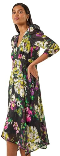 Roman Originals Abstract Print Wrap Midi Dress for Women UK - Ladies Everyday Holiday Autumn Winter Pull-On V-Neck 3/4 Sleeves Comfy Soft Vacation Work - Noir - Size 14
