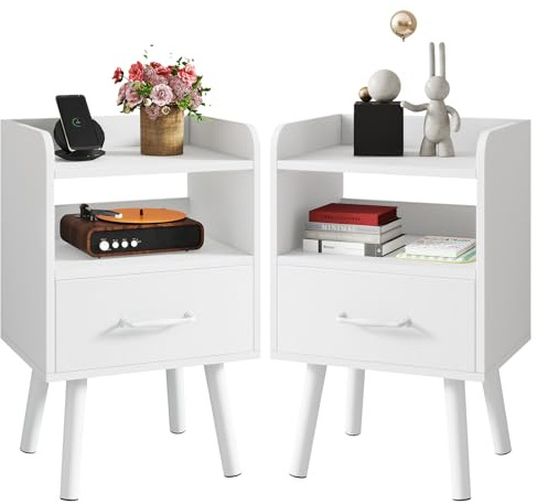 YMYNY Set de 2 Mesitas de Noche, Mesa Auxiliar de Sofá, Mesa de Madera, Cajón con Tela Removible, Ripiano Abierto, 39x29x62 cm, para Dormitorio, Salón, Blanco HST021W-2
