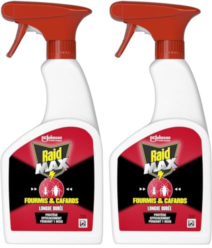 Raid Max Spray Fourmis & Cafards - Action Rapide & Protection Longue Durée - Sans Parfum - 1 Spray, 500 ml (Lot de 2)