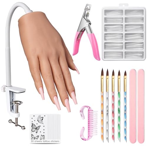 Deciniee Silikon Übungshand für Nageldesign: Flexibel Training Falsche Nägel Übungshand mit Stück Nagelspitzen/Nagel Pinsel/Nagelfeile- Nagelhandübungsmodell- Acryl Nagel-Set für Nagelmaniküre