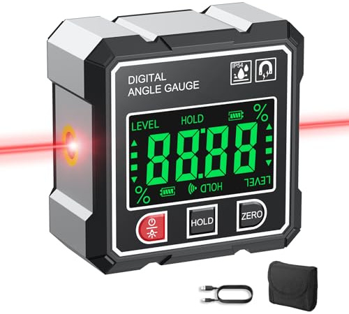 AUTOUTLET Inclinometro Digitale Ricaricabile,Level Box Digitale 4×90°con Laser e Retroilluminazione,4 Lati Magnetici/Impermeabile IP54, Angle Finder per Installazione Tubi Livellamento e Edilizia