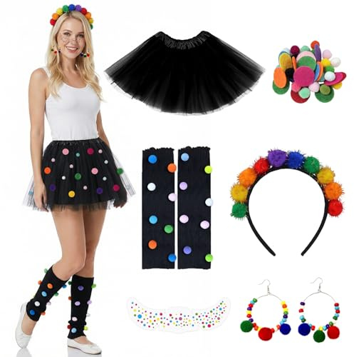 Konfetti Kostüm Damen Karneval Kostüm Set mit Tüllrock, Beinstulpen, Haarreif, Ohrringe, Gesichtsticker, DIY Pompons, Konfetti Bunt für Karnevalskostüme Damen, Themenpartys, Fasching, Musikfestival