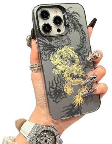 Gold Chinesischer Drache Handyhülle für iPhone 15 - Schwarz | Ästhetisches Design, TPU Schutz, erhöhte Ränder, präzise Aussparungen, schlanke Passform, rutschfest, für Damen und Herren