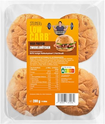 STEINER's Low Carb High Protein Zwiebelbrötchen (4 Stück / 280g) - 84% weniger Kohlenhydrate, 22g Eiweiß pro 100g - Herzhaft mit Röstzwiebeln - Keto-freundlich und ballaststoffreich