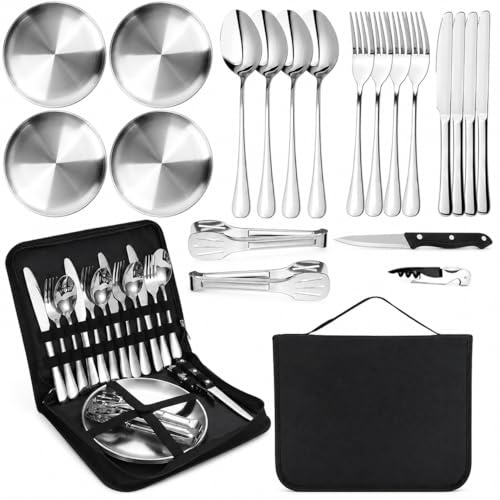 AURALIN Camping Cutlery Set Stainless Steel Picnic Tableware with Case | Includes 18 cm plates spoons forks knives bottle opener and zip case for outdoor meals picnics camping and travel