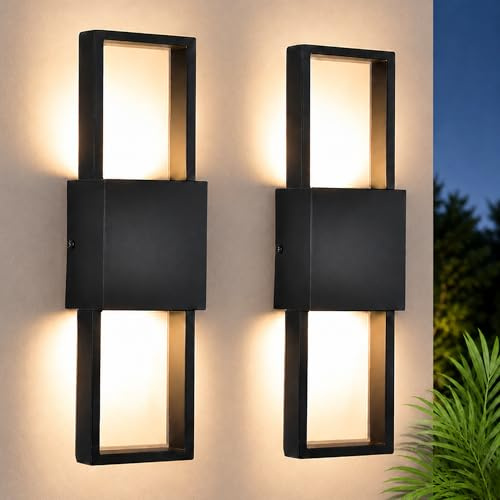 Alighting 10W LED Außenwandleuchte Up & Down 2 Pack | 3000K Warmweiß, Metall und Glas Wandleuchte, Fest Verdrahtet, IP44 Außenlampe für Hauswand, Balkon, Terrasse, Schwarz Matt