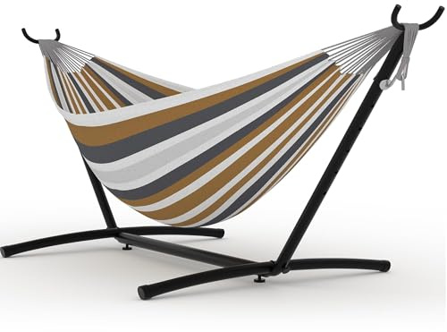 GarveeHome Hängematte mit Gestell für 2 Personen, 200kg Belastbarkeit, mit Tragetasche, Höhenverstellbares Hängemattengestell Outdoor und Indoor, Braun Gestreift
