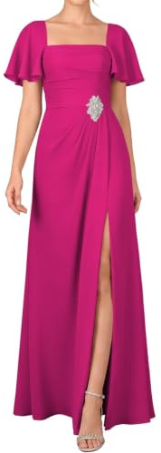 BRIGOW BY240 - Vestido de gasa con cuello cuadrado para mujer con banda y manga corta para invitada de boda, fucsia, 60