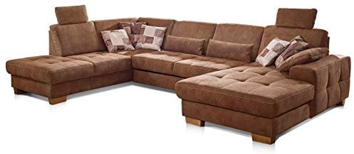 CAVADORE Wohnlandschaft Puccino mit Federkern, Schlaffunktion, verstellbarer Rückenlehne und 2 Kopfstützen / Sofalandschaft in U-Form im Landhaus-Design / 340 x 86 x 224 cm / Mikrofaser hellbraun