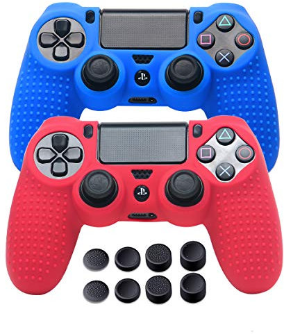 Custodia protettiva in silicone per controller PS4 DualShock 4, antiscivolo, per Sony PS4, PS4 Slim, PS4 Pro 2 PS4, 4 paia di manopole per pollice PS4 Pure Red+Blue