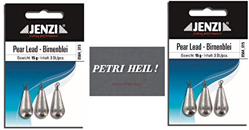 .Jenzi Set: 2 Packungen Birnenblei, 15 Gramm, 2 x 3 Stück,mit Wirbel/Öse .+ gratis Petri Heil! Aufkleber