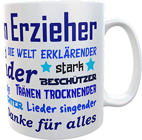 Danke-Tasse für Erzieher mit Wunschname für Kindergarten (blau Erzieher)