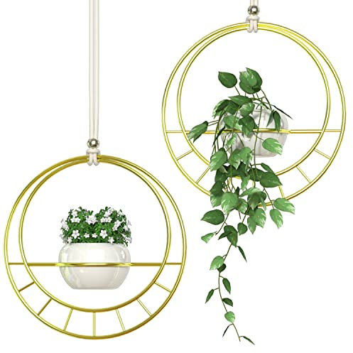 JACKCUBE Design Gold Hanging Window Planters for Indoor Plants Set of 2, Ceiling Wall Windowsill Plant Hangers with White Ceramic Succulent Flowers Herb Pots- MK625A