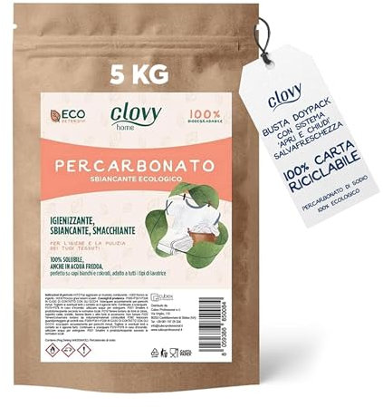 Percarbonato di Sodio Puro 4,5 Kg per 750 Lavaggi – Sbiancante e Smacchiatore Naturale – Azione Smacchiante, Sbiancante, Igienizzante e Antimuffa – Busta in Carta Ecologica e 100% Riciclabile