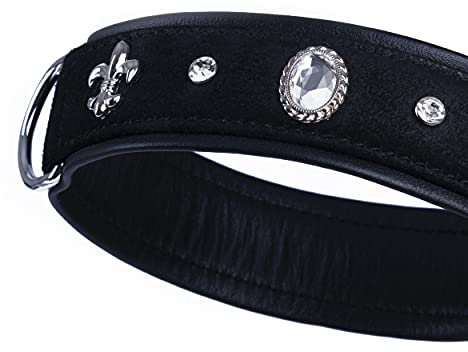 MICHUR Velvet Hundehalsband Leder, Lederhalsband Hund, Halsband, Schwarz, Leder, mit Lilien,Strasssteinen und großem Kristall, in verschiedenen Größen erhältlich