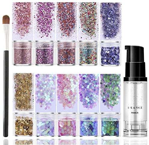 10 Colors Face Glitter Cosmetic Glitter,Chunky Glitters,Face Glitter Festival with Glue for Body,Hair,Nails,Stage,Halloween,Party, Makeup - Includes Long Lasting Fix Gel and Brush (10 Colors Shining)