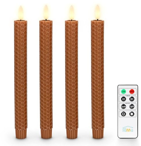 Fanna Flameless Taper Candles Burnt Orange, Wax Finshed Battery Operated LED Candles with Timer Function, Remote & Batteries Included -Set of 4