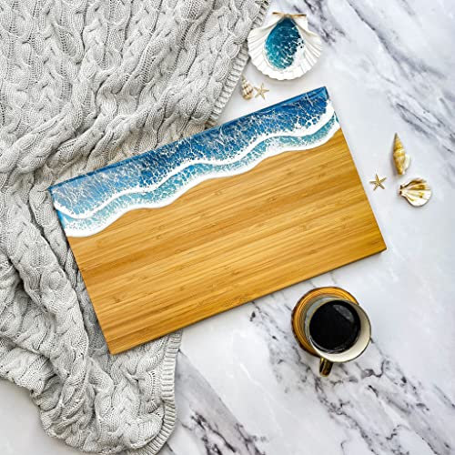 Handmade Ocean Sea Wave Large Cutting bamboo board, Chopping board, Charcuterie cheese board, Resin board, Serving board (Deep Blue)