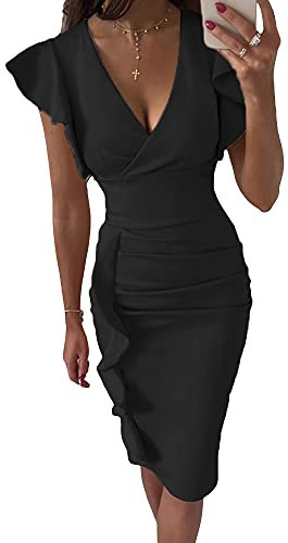 Geagodelia Abito da Donna Elegante con Manica Corta Abito Corto Donna Estivo con Scollo a V Profondo in Tinta Unita Abito Donna Cocktail da Sera (Nero, S)