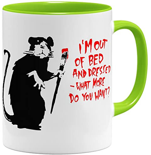 OM3® Out Of Bed Rat Banksy Tasse en céramique - 325 ml - Imprimé des deux côtés - Vert clair