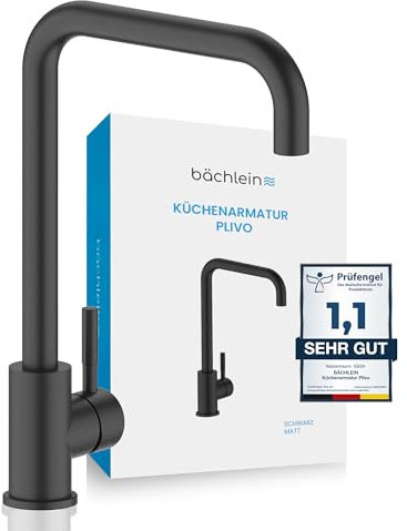 Bächlein Küchenarmatur Plivo (matt schwarz) – Einhand-Spültischbatterie aus Edelstahl mit 360° schwenkbarem Auslauf, Wasserhahn für die Küche in extra massiver Ausführung