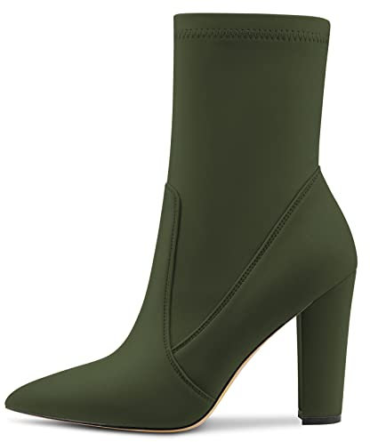 Castamere Donna Chunky Blocco Alto High Tacco Heel a Punta Stivaletti Cerniera Slip-on Cute Dress da Matrimonio Feste Stivali 10 CM Verde Scuro Raso 39 EU