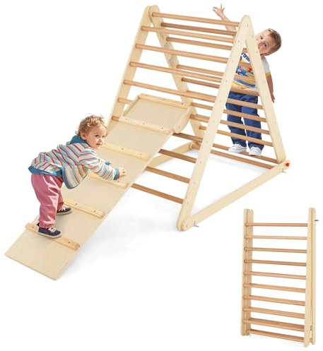 DREAMADE Echelle d’Escalade Triangle Pliable pour Enfants 3+ Ans, Mur d'escalade Pliant en Bois pour s'entraîner à Grimper et à saisir, 122 x 71 x 110cm (Nature)