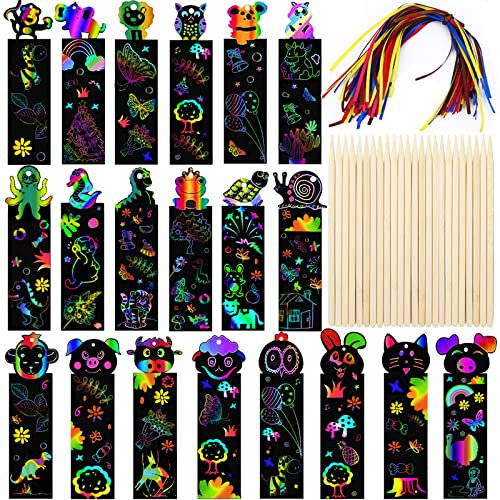 Scratch Art for Kids, 48 Pcs Magic Rainbow Bookmarks for Children, Scratch Art Party Bag Fillers, Animal Craft DIY Scratch Paper Art Tags with Wooden Stylus and Ribbons for Classroom Birthday Gifts