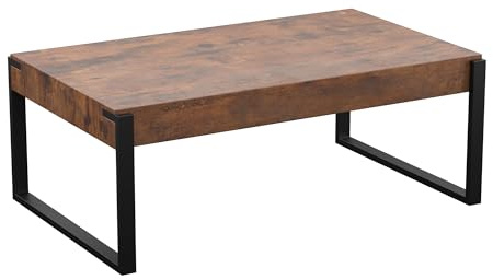 AVF Ridgewood Rustic Wood Coffee Table, 110cm, Dark Wood, Steel Frame | chunky industrial coffee table design; black steel frame for living room use; micro-adjustable feet for uneven floors