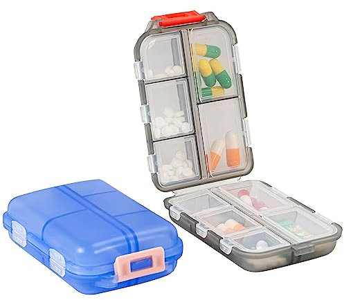 Pillendose Reise, 2 Stück Reise Tablettenbox Pillendose Klein, Medikamentenbox Klein mit 10 Fächern, Pillenbox Klein Taschenapotheke Tragbare Pillendose Tablettendose für Unterwegs (Blau + Grau)