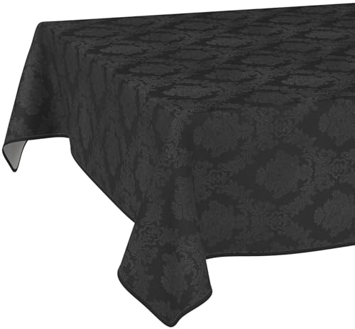 ANRO Tischdecke abwaschbar Damast Barock Schwarz mit Saum 180x140 cm | mit Saum eingefasst – Tischwäsche aus beschichtetem Stoff – schmutz- & wasserabweisend, pflegeleicht – waschbar bei 30 °C