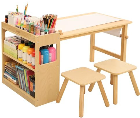 Bateso Kids Art Table and 2 Chairs Set with Roll Paper & Storage, Wooden Kid Craft Table for Drawing, Learning and Reading, Toddler Activity Play Desk for Home, Playroom or Classroom