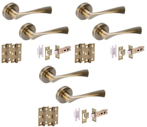 HANDLEZONE® 3 Sets Zena Internal Door Handles on Rose Lever Latch Packs with Ball Bearing Hinges - Antique Bronze