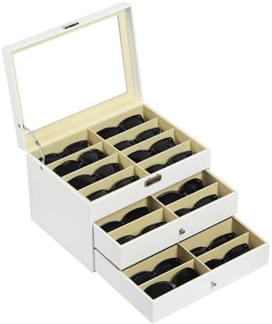 AUTOARK Organizer per occhiali da vista e da sole,in pelle,con serratura,24 pezzi,Bianco,AW-172