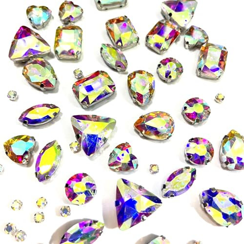 Yixinly 236 Stück Strasssteine zum Aufnähen, 7 Formen von Strasssteinen Metall Krappenfassung Glas Nähen Edelsteinefür DIY-Bastelkleidung, Kleidungs, Schuhe, Taschen (AB-Farbe)