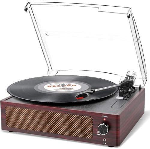 Trynnay Giradischi con altoparlante in vinile, fonografo LP senza fili, con altoparlanti stereo incorporati, trasmissione a 3 marce, giradischi con altoparlanti Deep Cherry