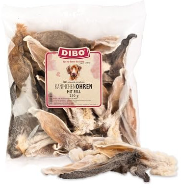 DIBO Orejas de Conejo con Piel, Bolsa de 250 g – 100% Secado Suave para Perros, Limpieza intestinal Natural, golosinas Naturales y apropiadas para la Especie