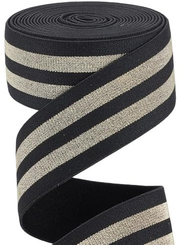 GORGECRAFT 4.3m*40mm Bande Élastique Rayée Dorée Métallisée Ruban Extensible Noir Bandeau Confortable à Rayures Pailletées pour Ceinture Couture Projets D'Artisanat Sangles Accessoires de Vêtement